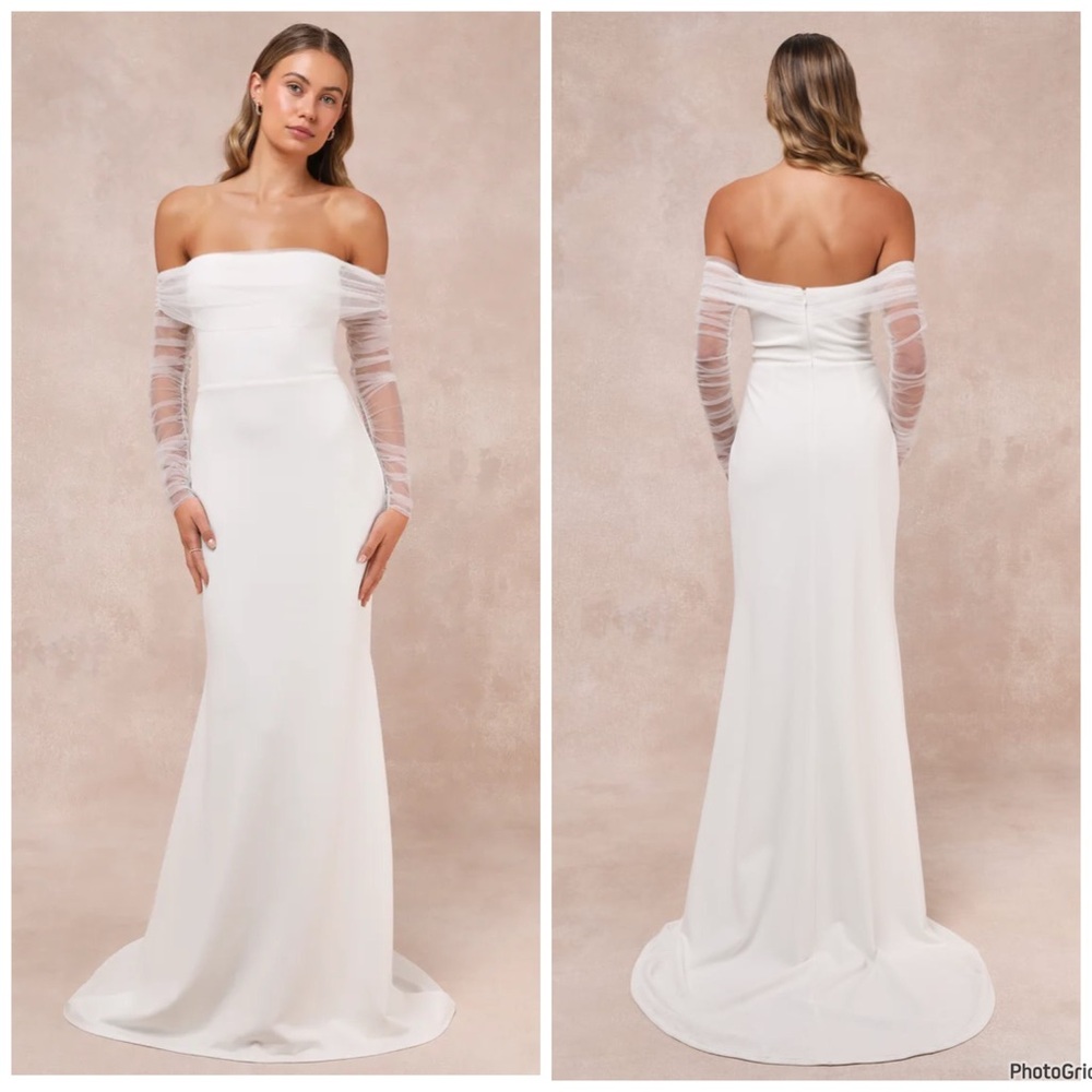 NWOT Lulu’s Beautifully Beloved White Off Shoulder Bridal Maxi Dress $178‎ Small